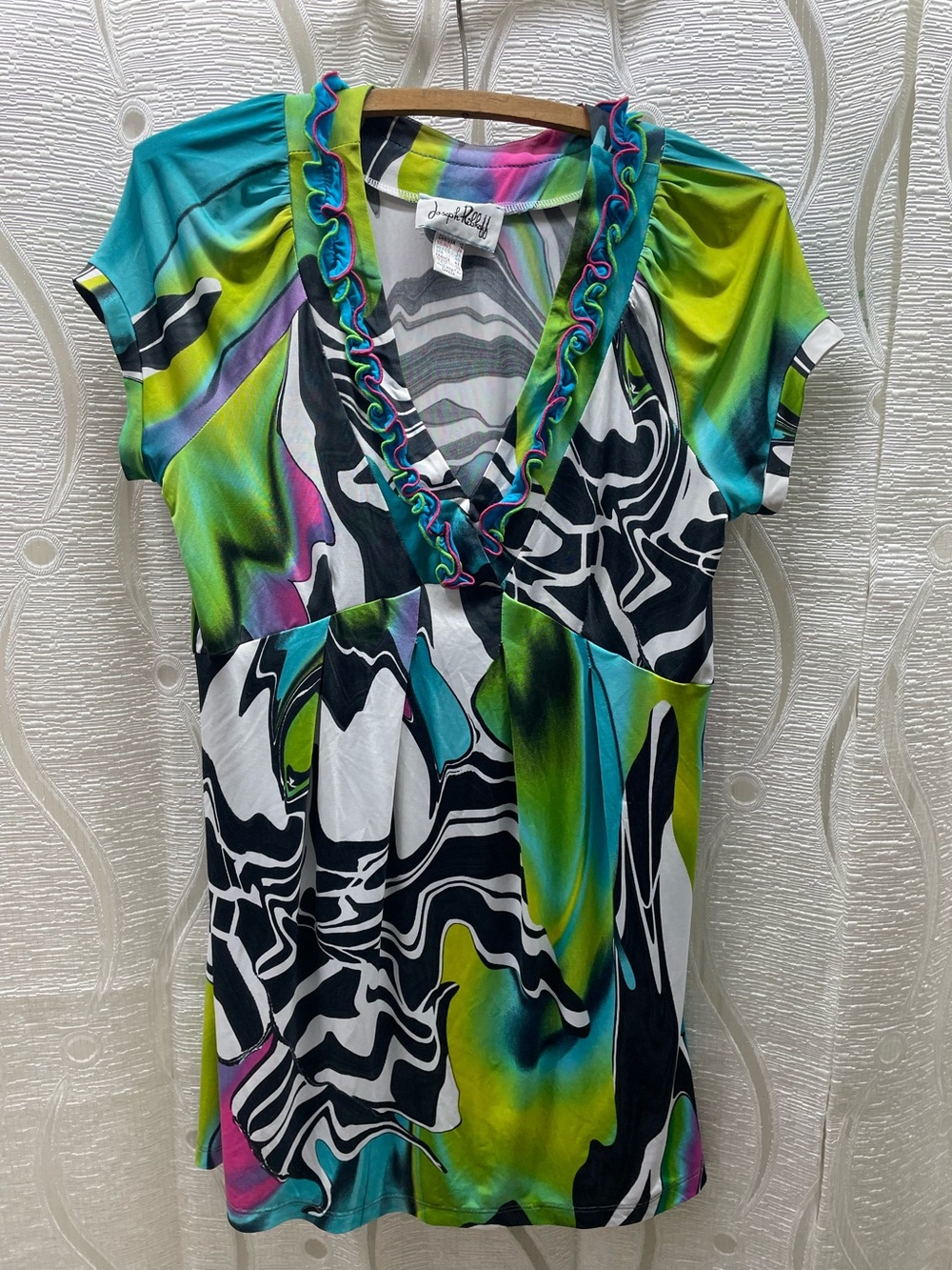 Joseph Ribkoff Tunic Top Womens 12‎ Multicolor Excellent Abstract Ruffle V-Neck